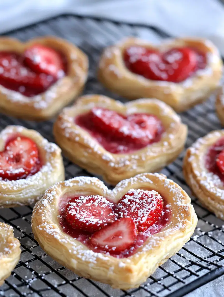 Une collection de viennoiseries en forme de cœur garnies de fraises tranchées et de sucre glace refroidissant sur une grille.