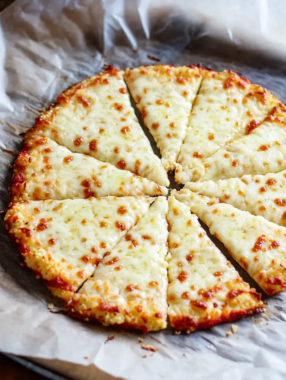 Une pizza au fromage fraîchement cuite coupée en huit morceaux, posée sur du papier cuisson.