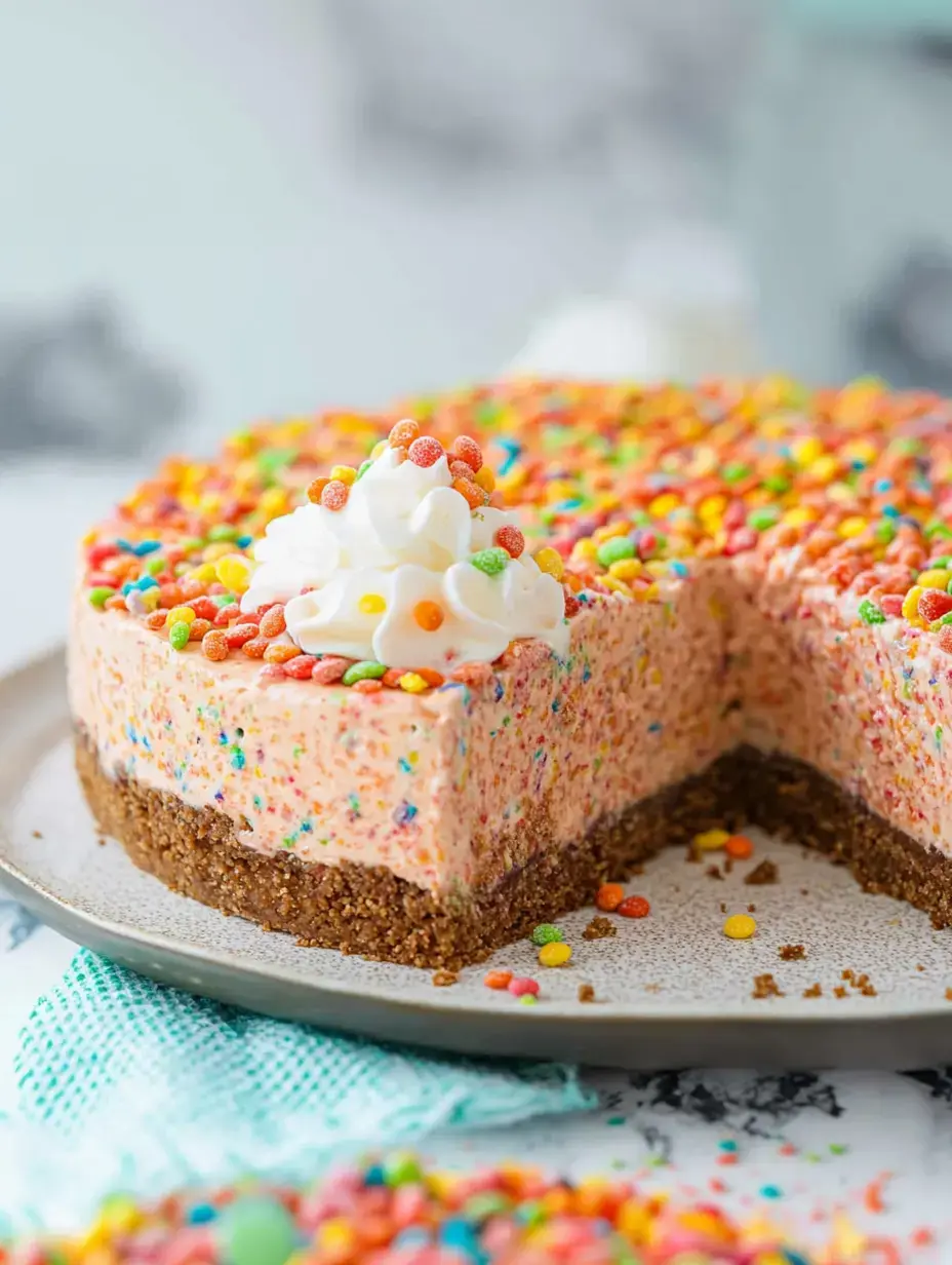 Un délicieux gâteau sans cuisson avec garniture colorée de vermicelles et décoration de crème fouettée, montrant une part retirée qui révèle sa texture crémeuse et sa croûte friable.