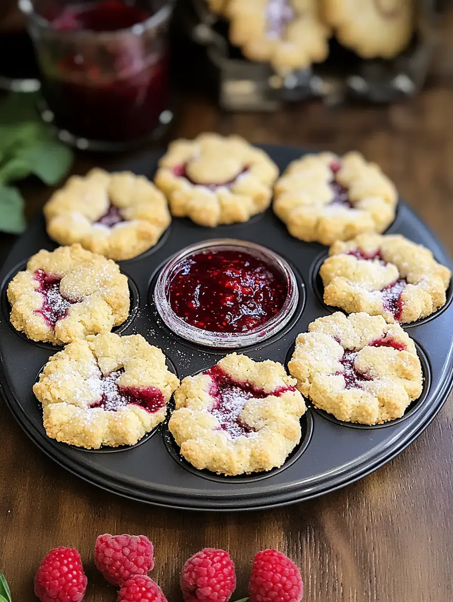 Un plateau de biscuits cuits avec garniture de confiture, accompagné d'un petit bol de confiture de framboises et quelques framboises fraîches à proximité.