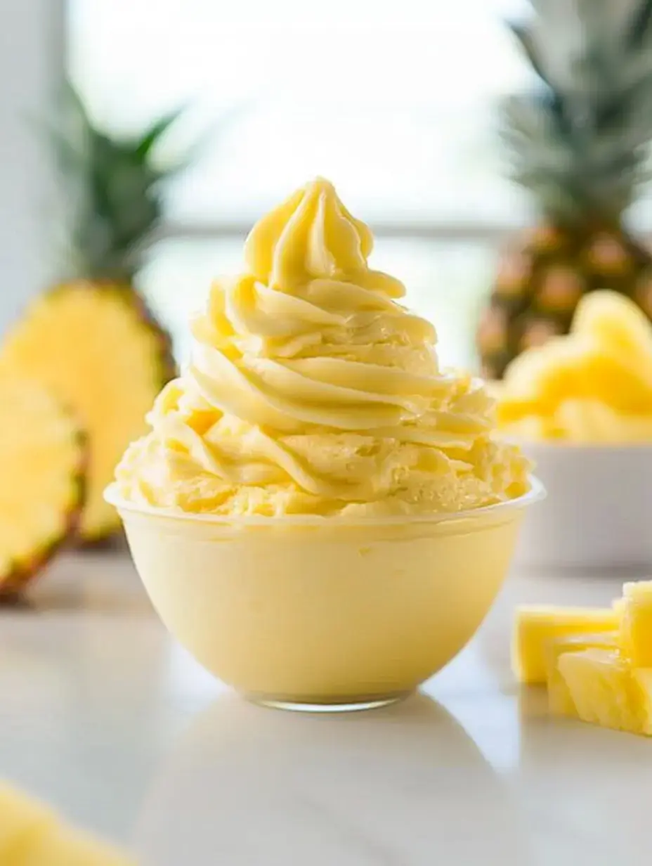Une spirale de crème glacée jaune à l'ananas dans un bol transparent, entourée de morceaux d'ananas frais et d'un ananas entier en arrière-plan.