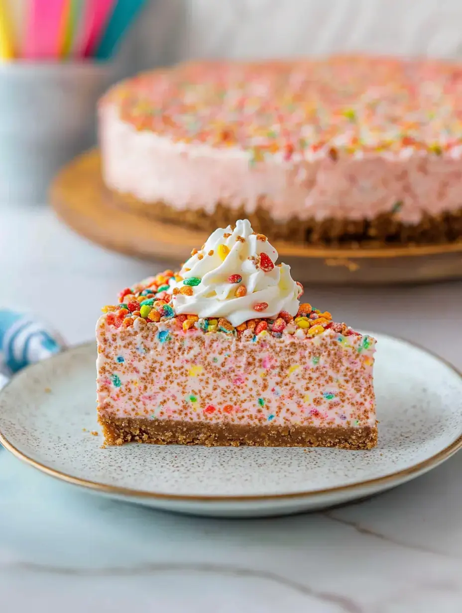 Une part de cheesecake rose coloré, garni de vermicelles sur une assiette décorative, avec un cheesecake entier en arrière-plan.