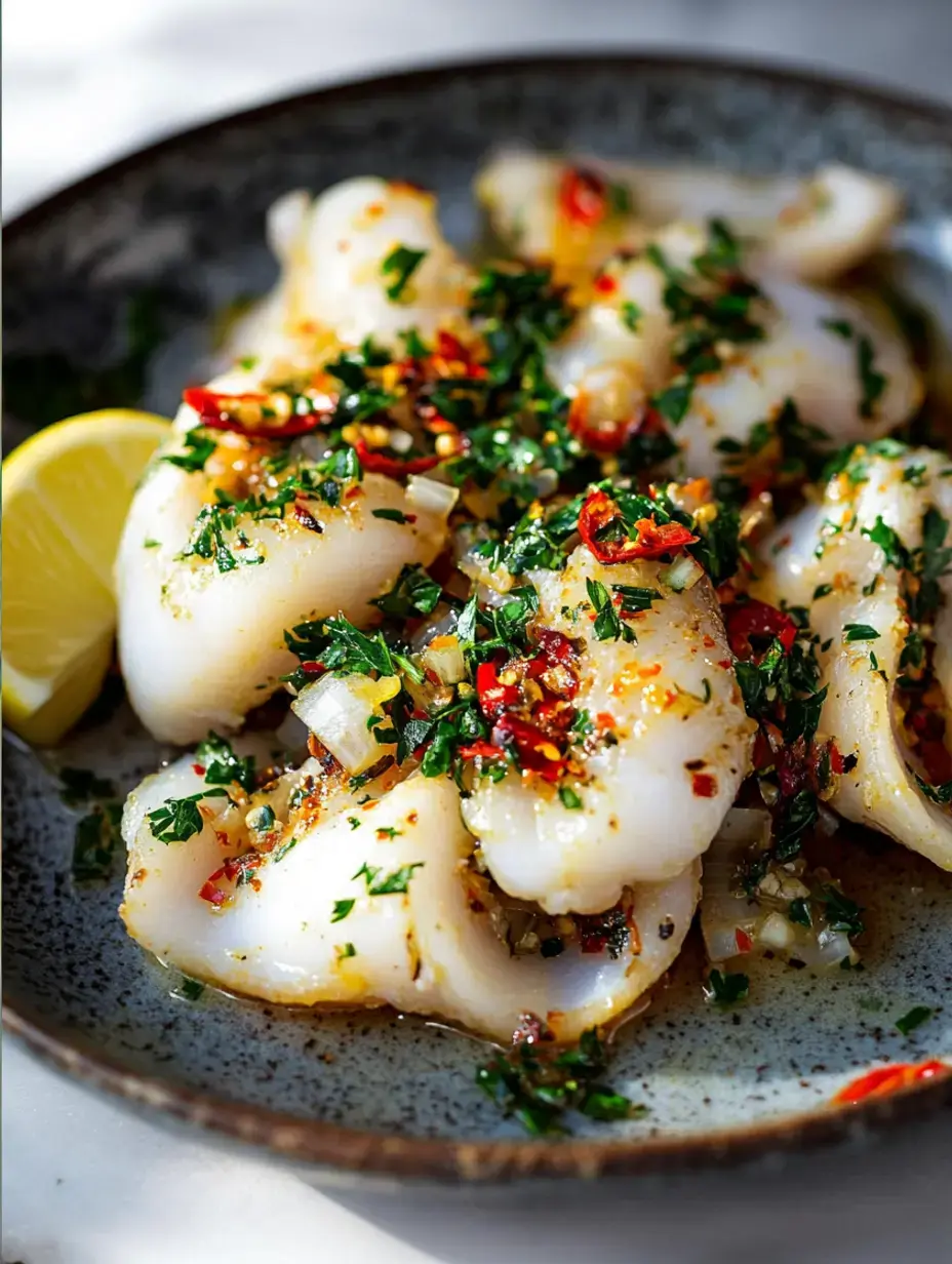 Une assiette de calmars marinés garnie d'herbes hachées et de piment, accompagnée d'un quartier de citron.