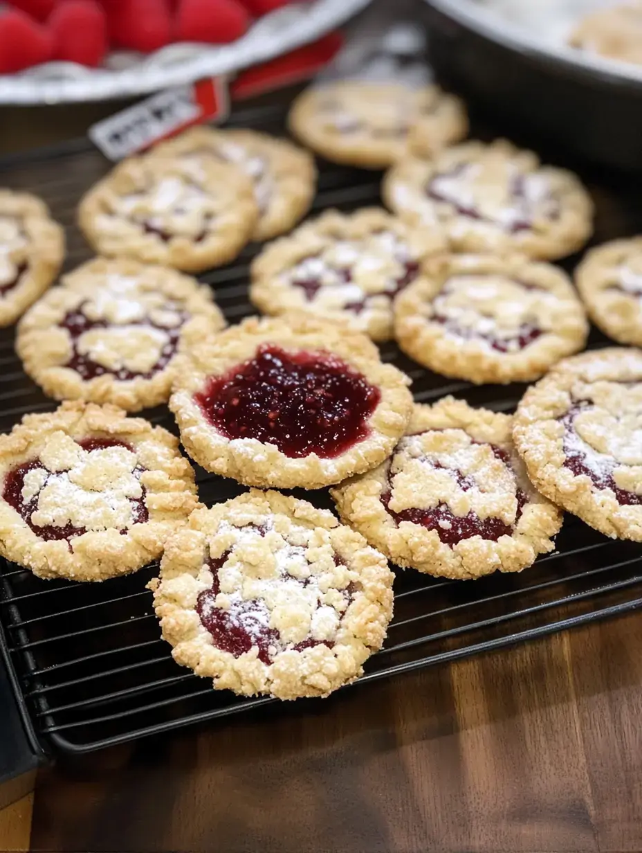 Un plateau de biscuits aux framboises fraîchement cuits saupoudrés de sucre glace, posés sur une grille de refroidissement.