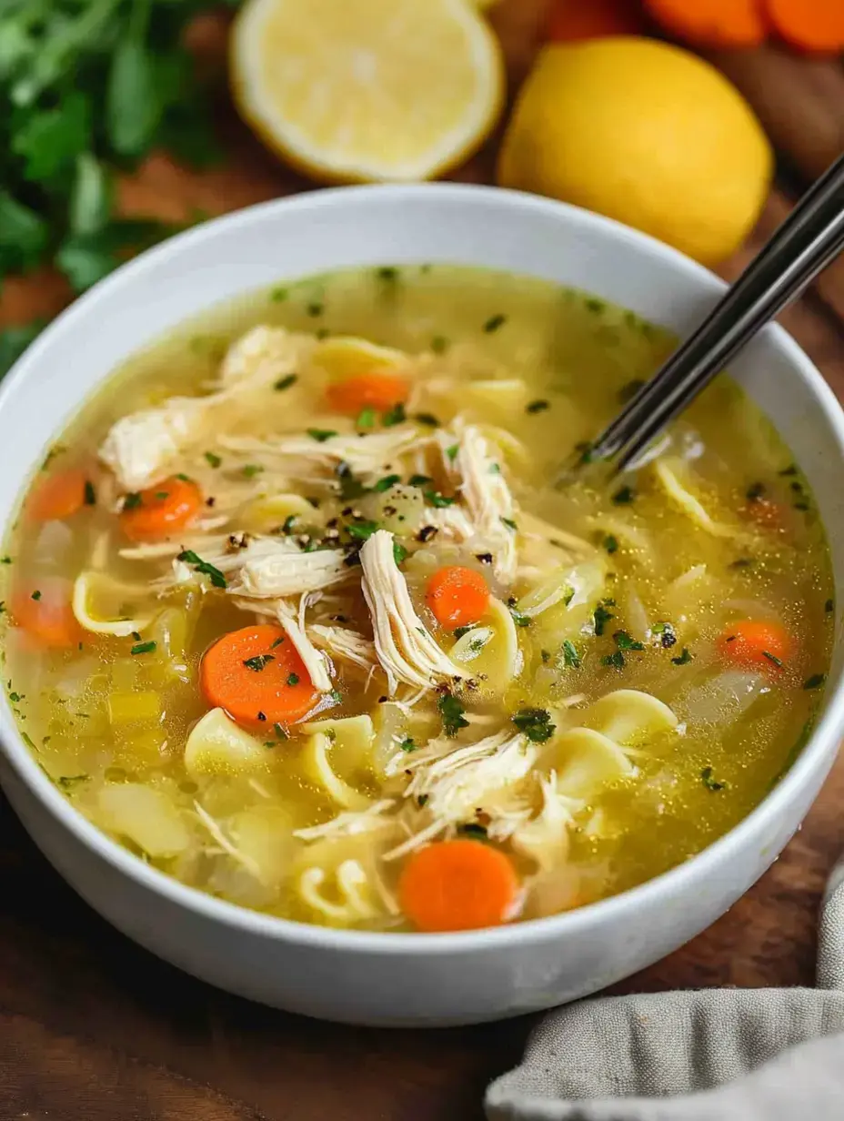 Un bol de soupe au poulet avec du poulet émietté, des carottes et des pâtes garni d'herbes, accompagné de citrons en arrière-plan.