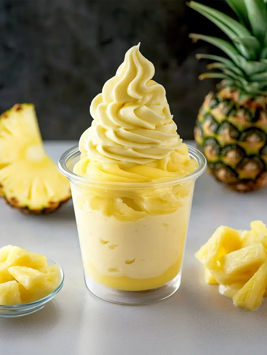 Un gobelet de crème glacée onctueuse à l'ananas surmonté de pics tourbillonnants, accompagné de tranches d'ananas frais sur le côté.