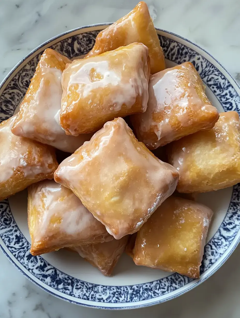 Une assiette de pâtisseries carrées dorées et glacées empilées ensemble.