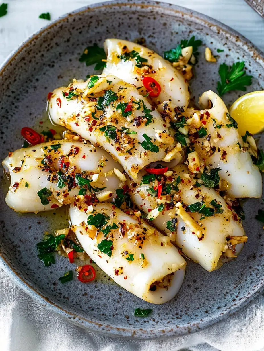 Une assiette de calamars farcis garnis d'herbes, d'ail et de piment, accompagnée d'un quartier de citron.