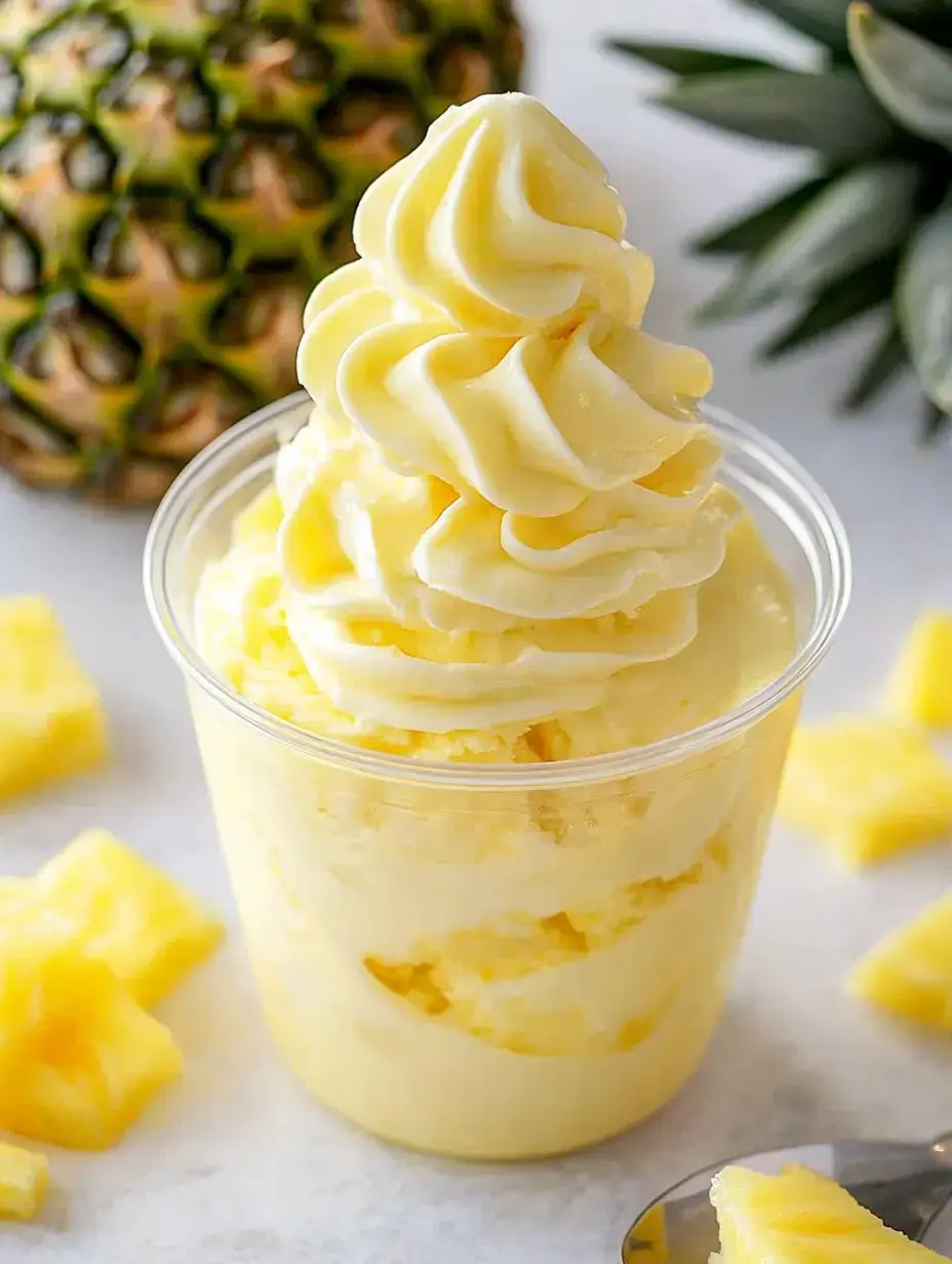 Un gobelet de crème glacée onctueuse à l'ananas posé à côté de morceaux d'ananas frais sur une surface claire.