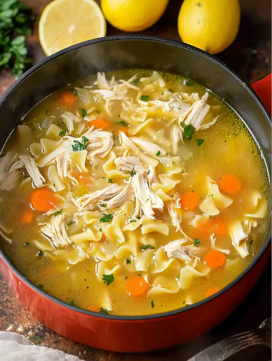 Un bol fumant de soupe au poulet avec du poulet émietté, des carottes et du persil, garni de moitiés de citron en arrière-plan.