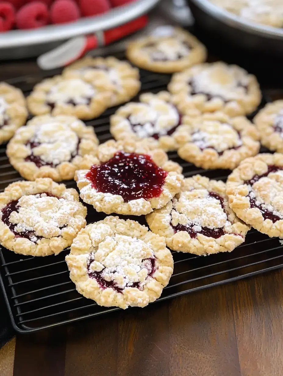 Un plateau de biscuits fourrés aux framboises fraîchement cuits saupoudrés de sucre glace repose sur une grille de refroidissement.