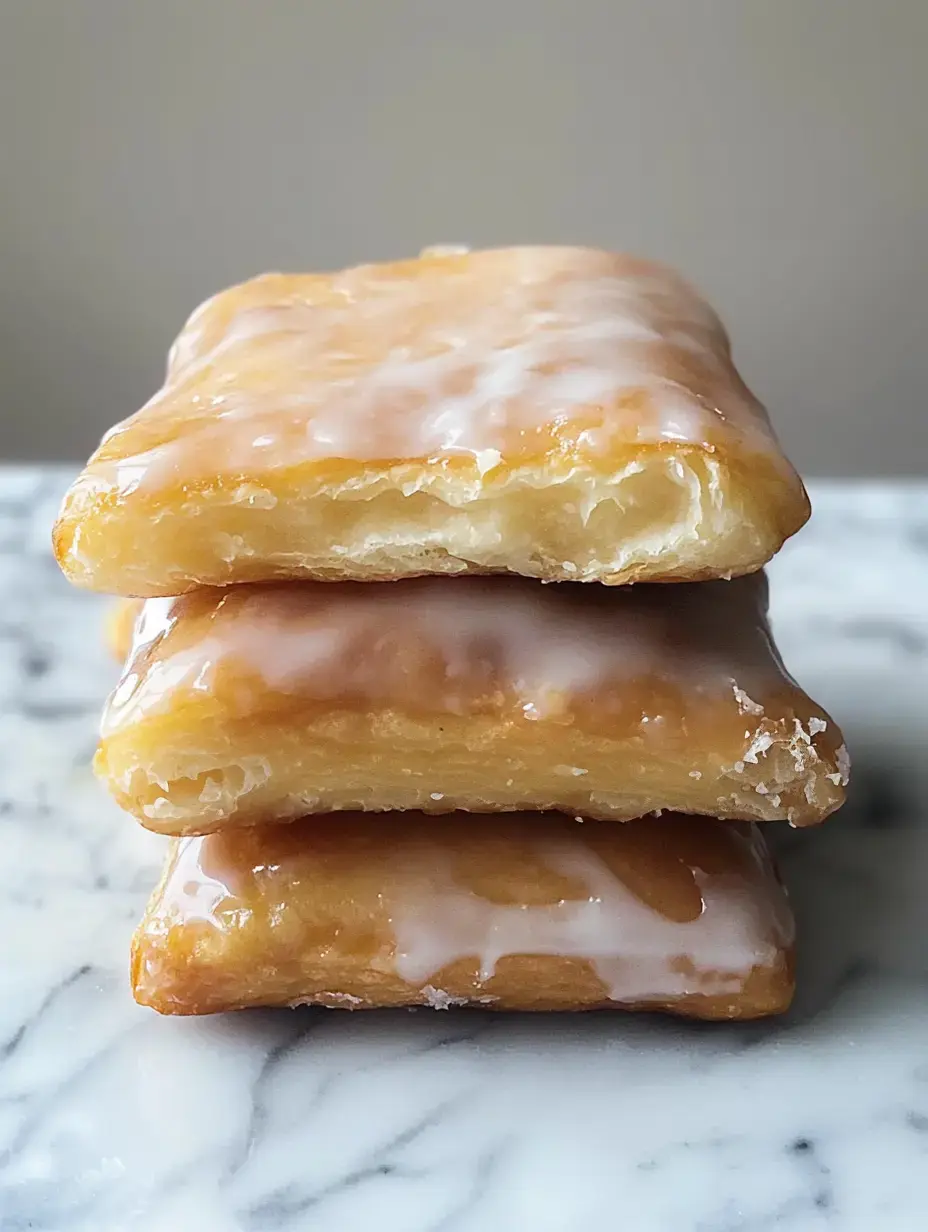 Une pile de trois pâtisseries glacées posée sur une surface en marbre.