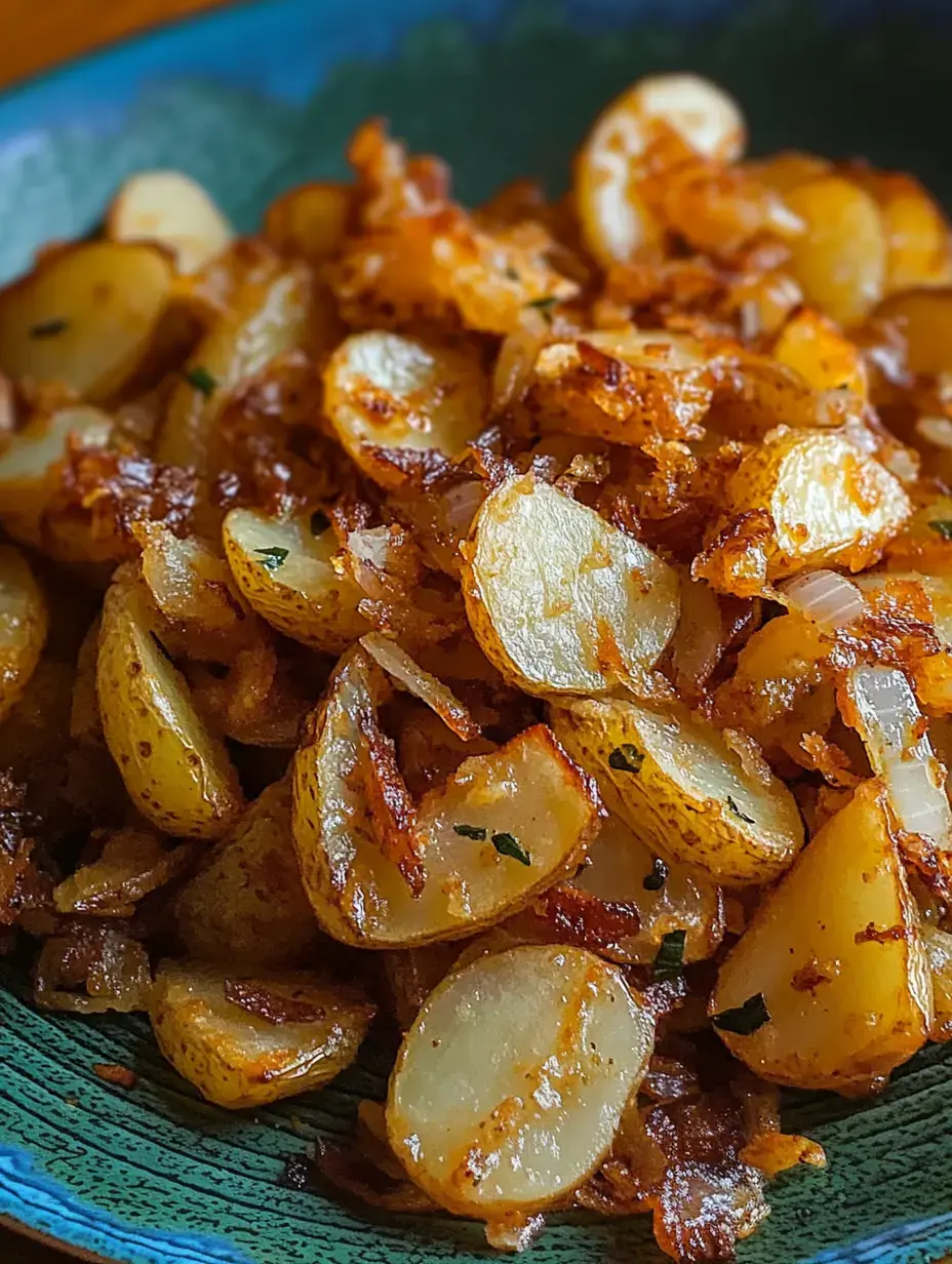 Une image en gros plan de pommes de terre tranchées dorées, garnies d'herbes sur une assiette à motif bleu.