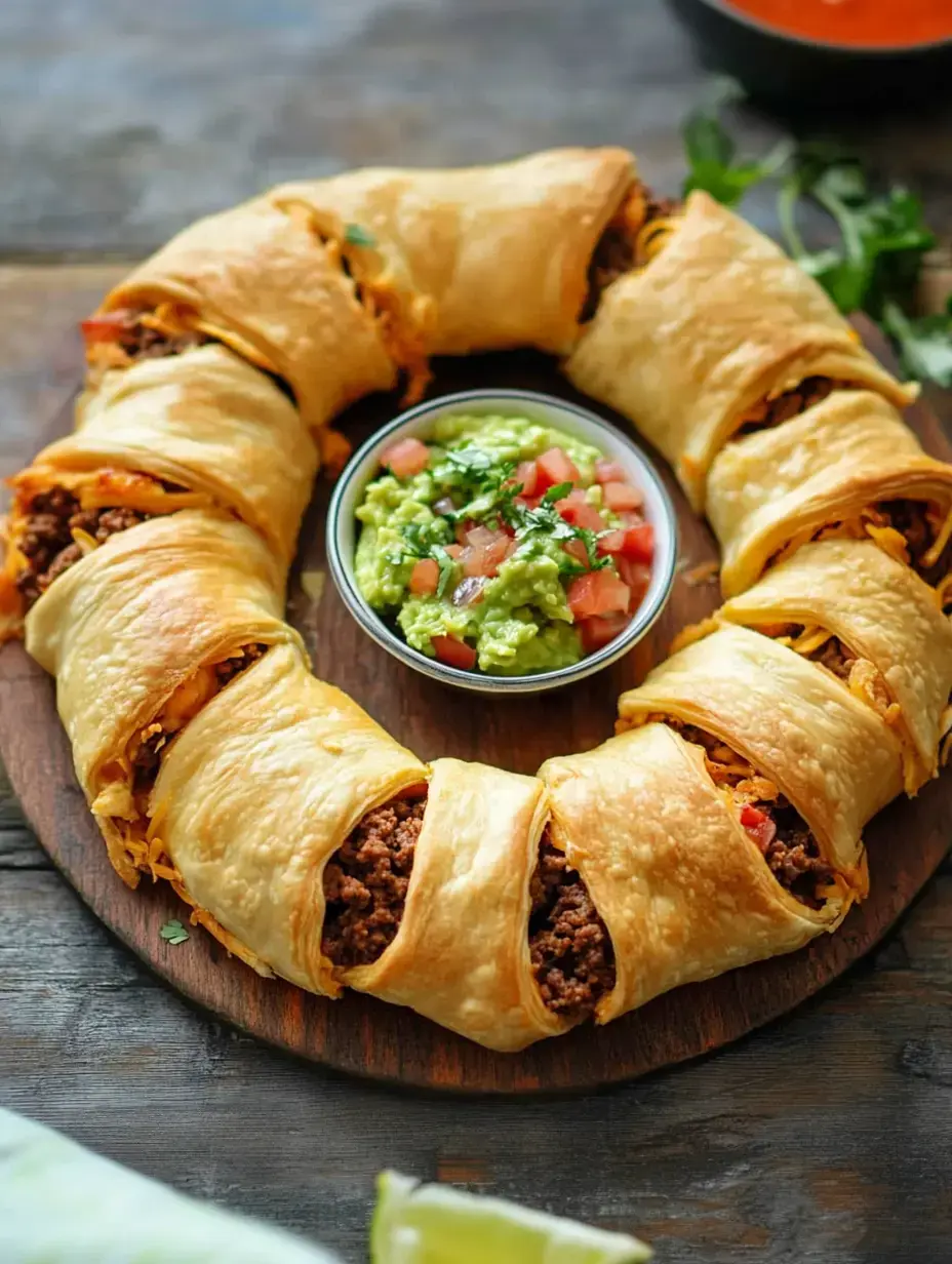 Un arrangement circulaire de pâte cuite remplie de bœuf, fromage et légumes, servi avec un bol de guacamole et pico de gallo.