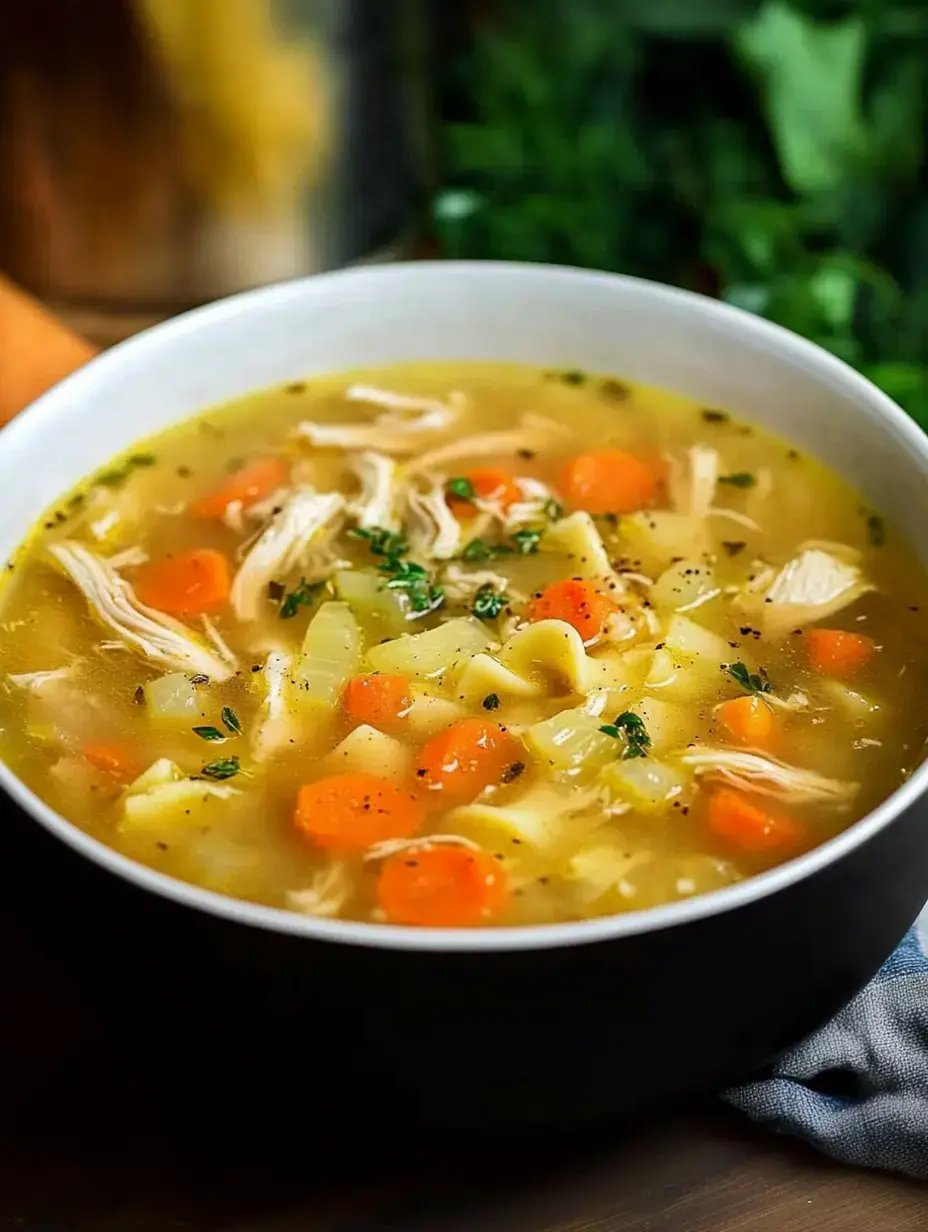 Un bol de soupe au poulet contenant des nouilles, du poulet émietté, des carottes et du céleri, garni d'herbes.