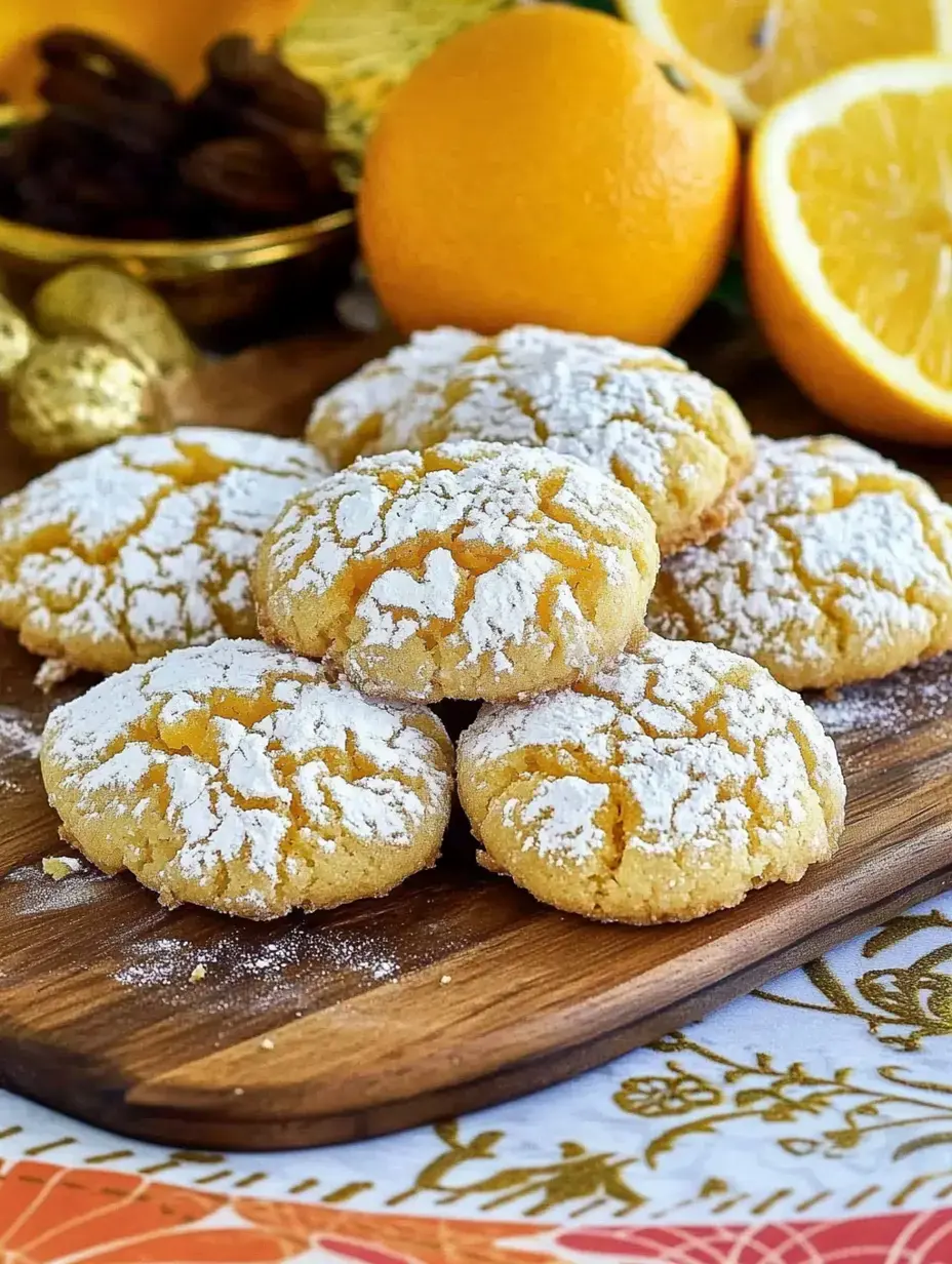 Un gros plan de biscuits à l'orange couverts de sucre glace disposés sur un plateau en bois, avec des oranges fraîches en arrière-plan.