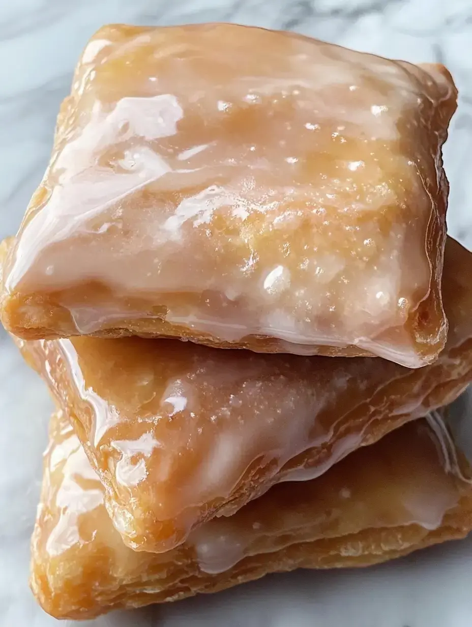 Un gros plan de trois pâtisseries glacées empilées sur une surface en marbre.