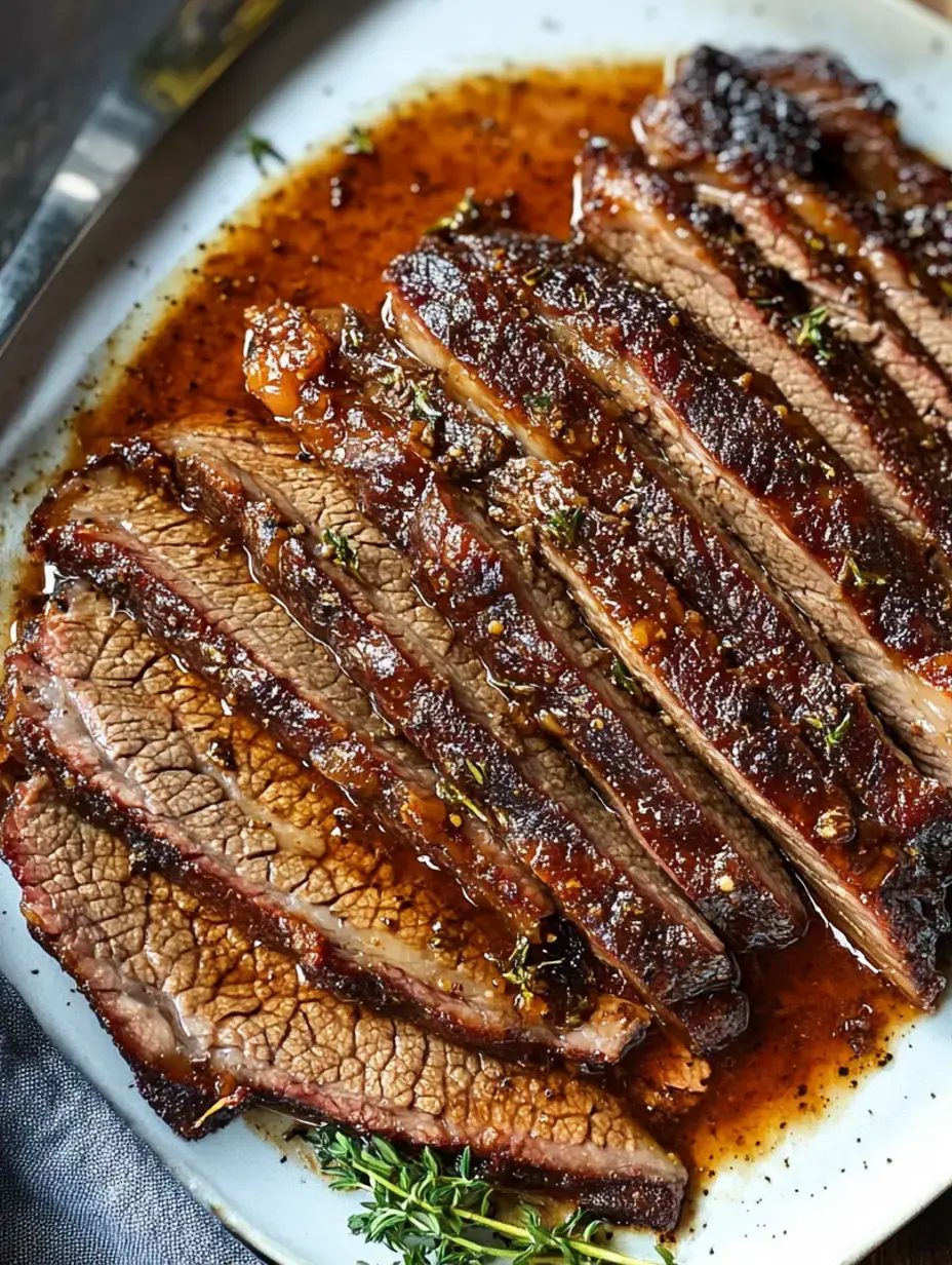 Poitrine tranchée servie sur une assiette avec une sauce riche et garnie de thym.