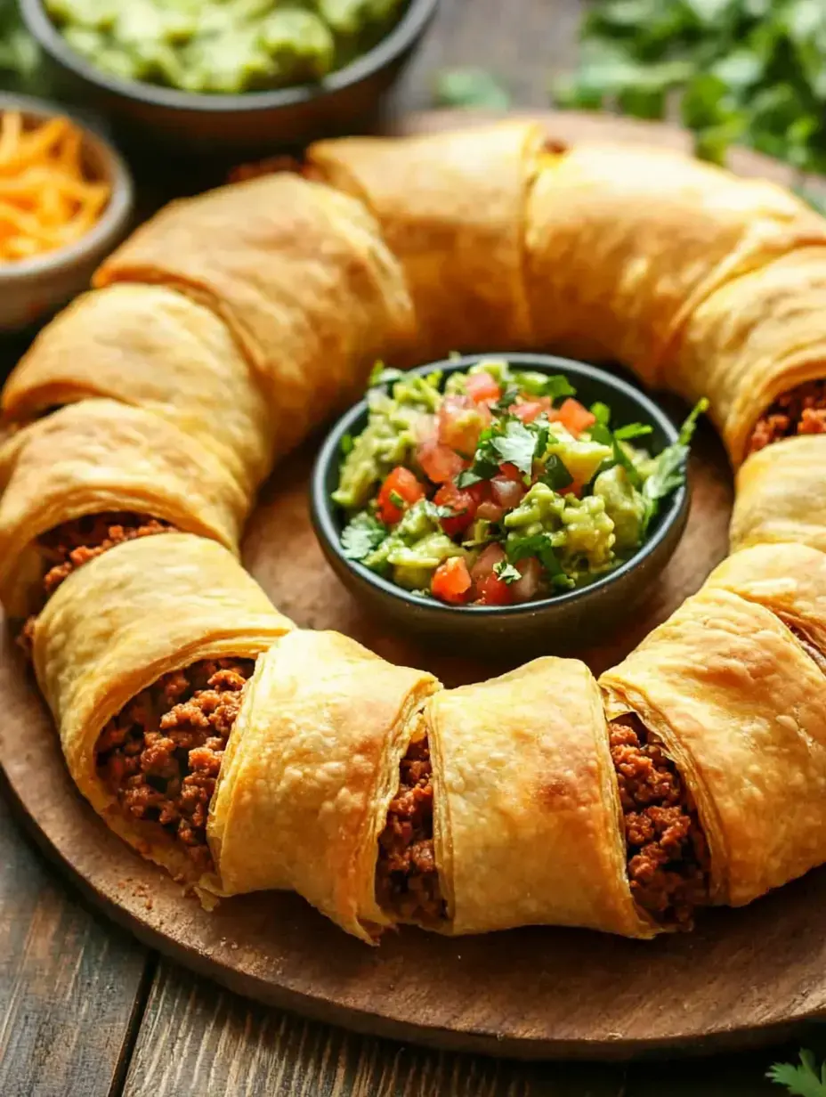 Un arrangement circulaire de pâtisserie dorée remplie de viande assaisonnée, servie avec bols de guacamole, tomates coupées et fromage râpé.