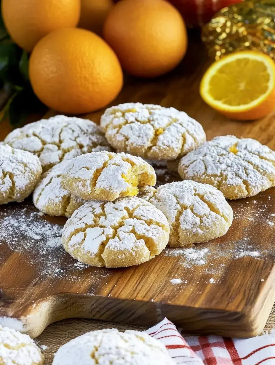 Un plateau en bois présente des biscuits à l'orange fraîchement cuits saupoudrés de sucre glace, accompagnés d'oranges entières et d'une orange tranchée en arrière-plan.