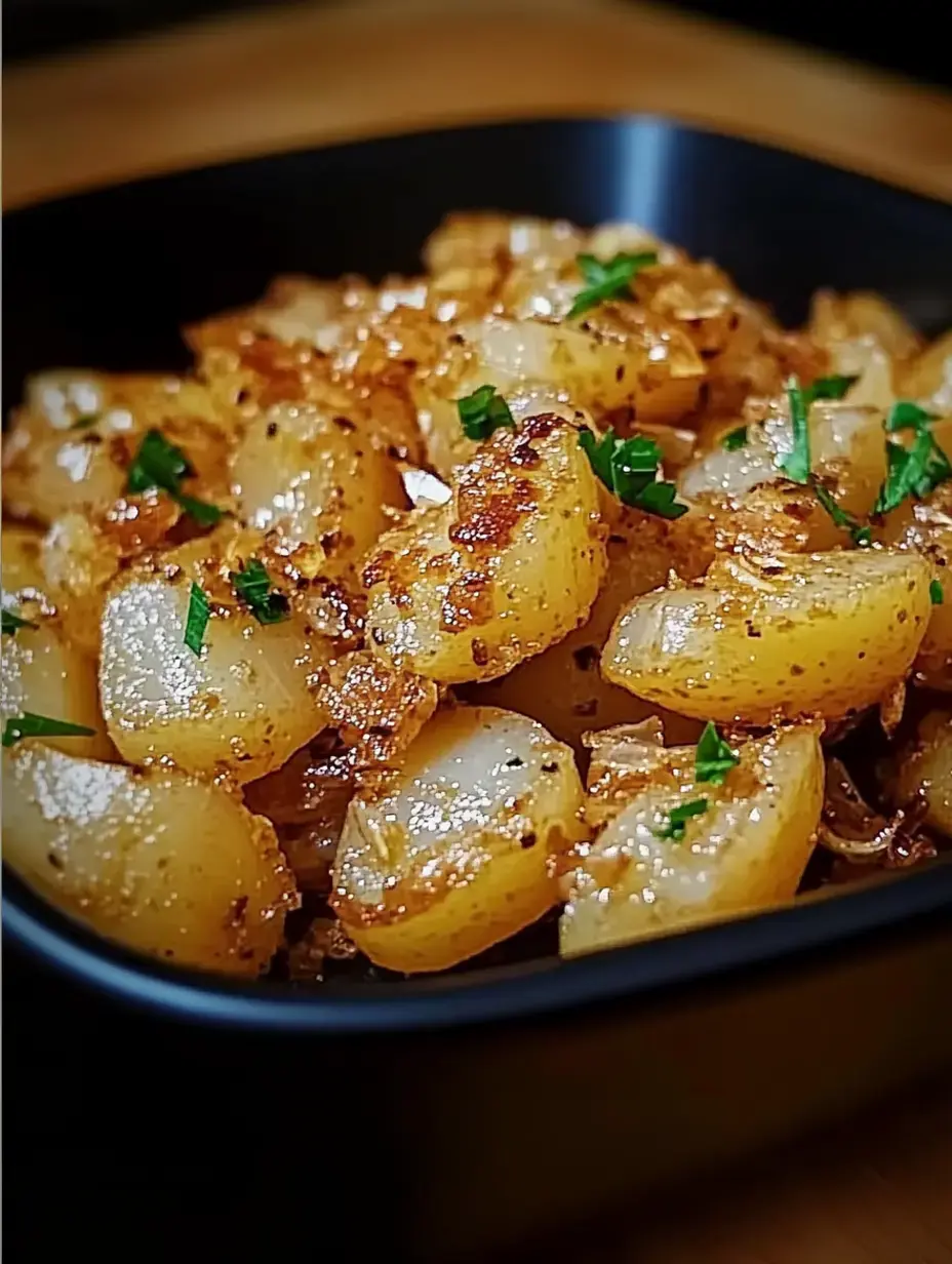 Une image en gros plan d'un bol rempli de pommes de terre sautées, garnies d'herbes vertes hachées.