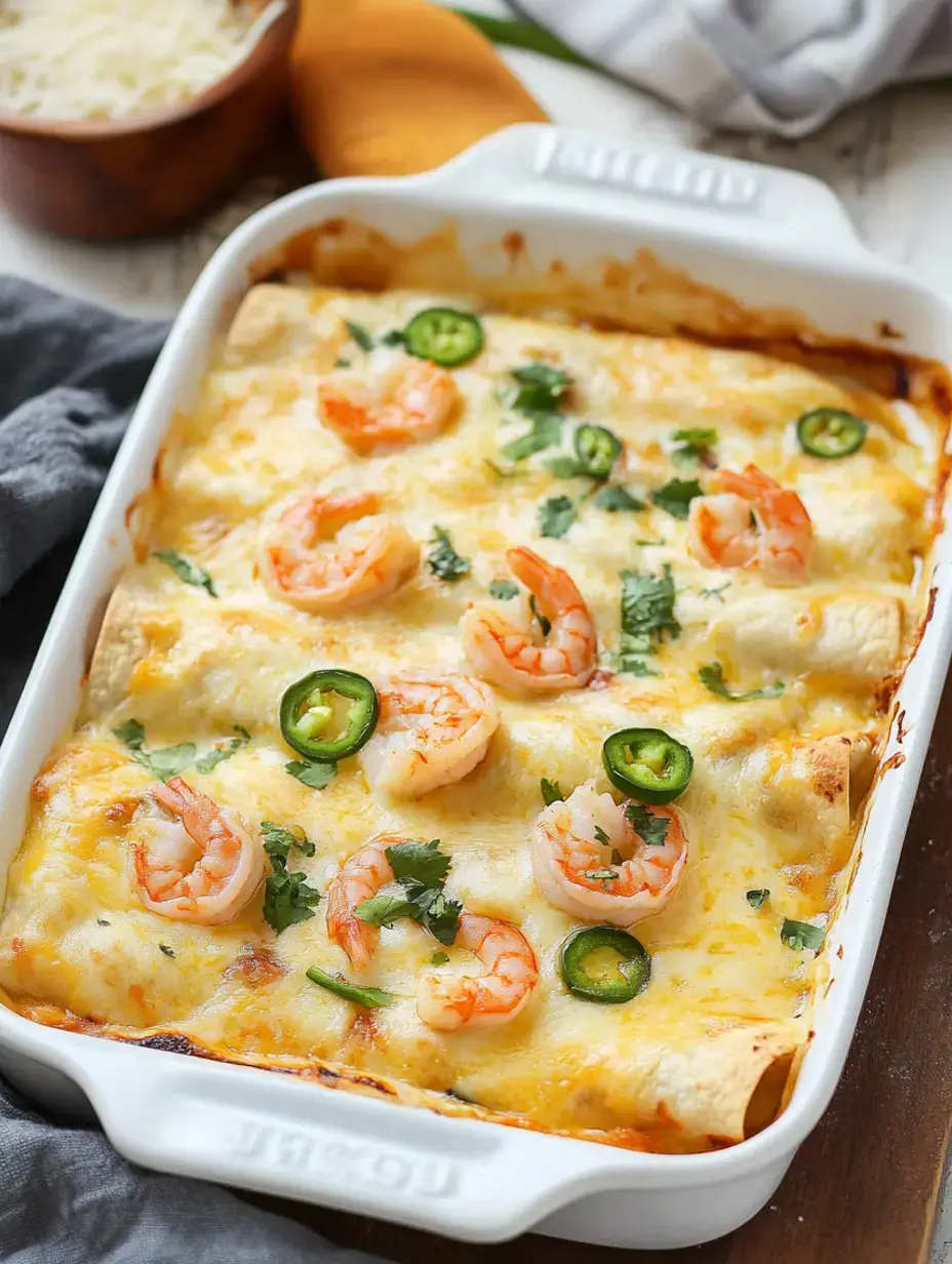 Un plat blanc rempli d'enchiladas aux crevettes gratinées, garnies de tranches de jalapeños et de coriandre, posé sur une table en bois avec un bol de fromage râpé en arrière-plan.