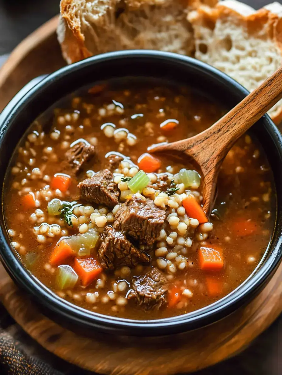 Un bol de soupe copieuse au bœuf avec légumes et orge, accompagné de tranches de pain.