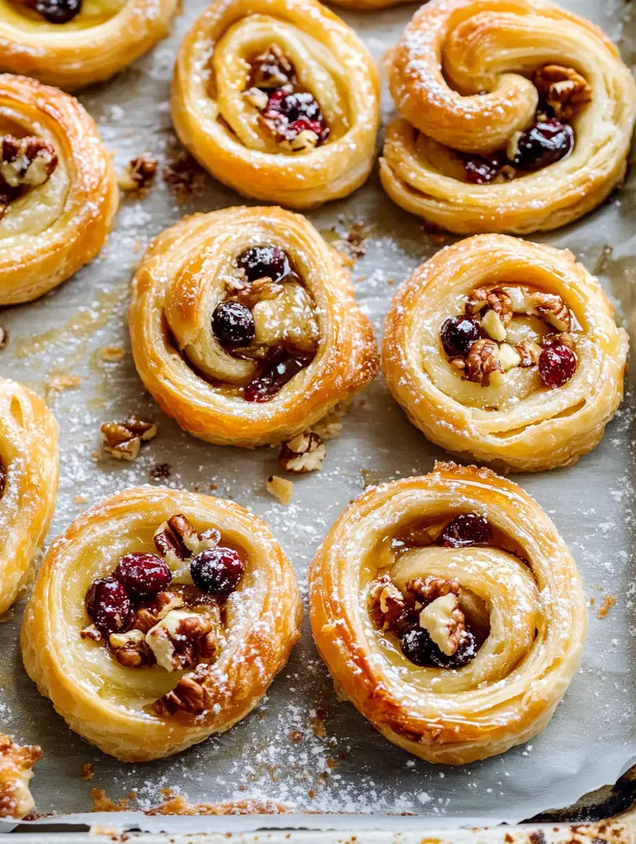 Un plateau de tourbillons de pâtisserie fraîchement cuits garnis de noix et fruits secs, saupoudrés de sucre glace.