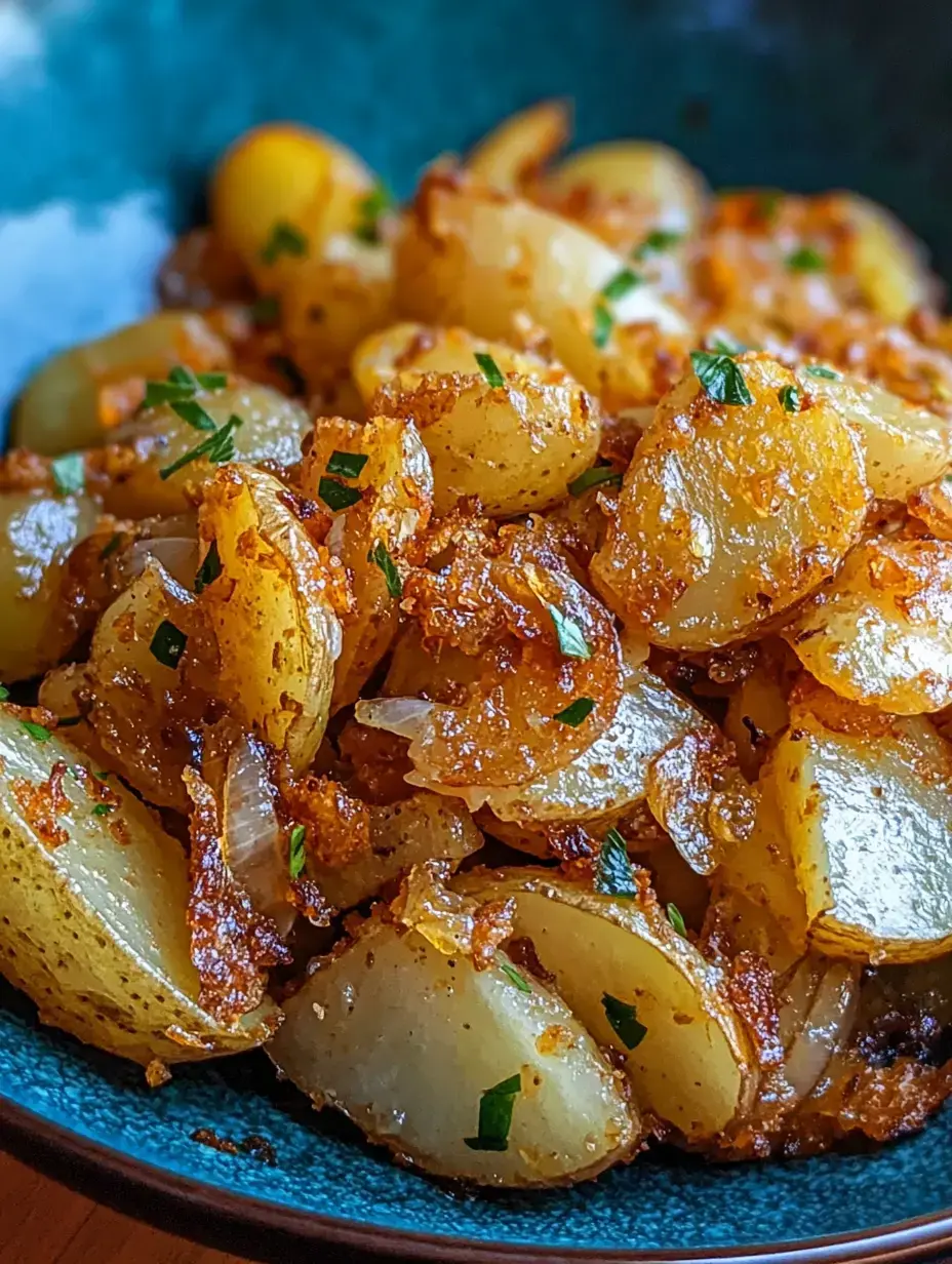 Une photo en gros plan de pommes de terre sautées garnies d'herbes vertes, servies dans un bol bleu.