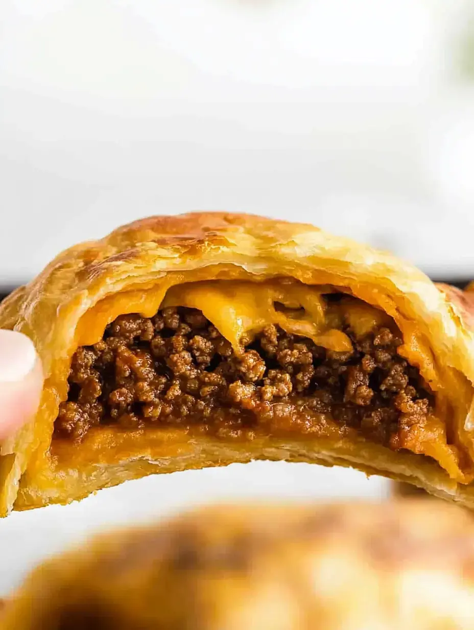 Gros plan sur une pâtisserie feuilletée révélant une farce de bœuf haché assaisonné et fromage fondu.