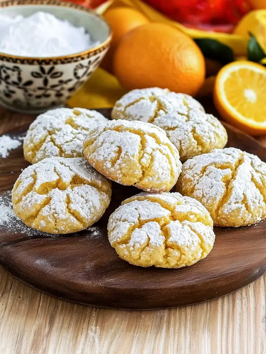 Un plateau en bois contient plusieurs biscuits enrobés de sucre glace, avec un bol décoratif de sucre glace et divers agrumes en arrière-plan.