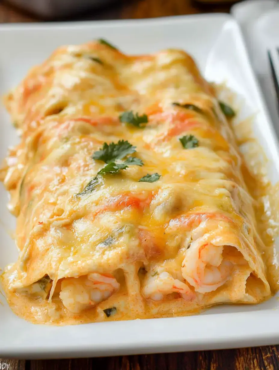 Une portion d'enchiladas aux crevettes nappées de fromage fondu et garnies de coriandre, présentée sur une assiette blanche.