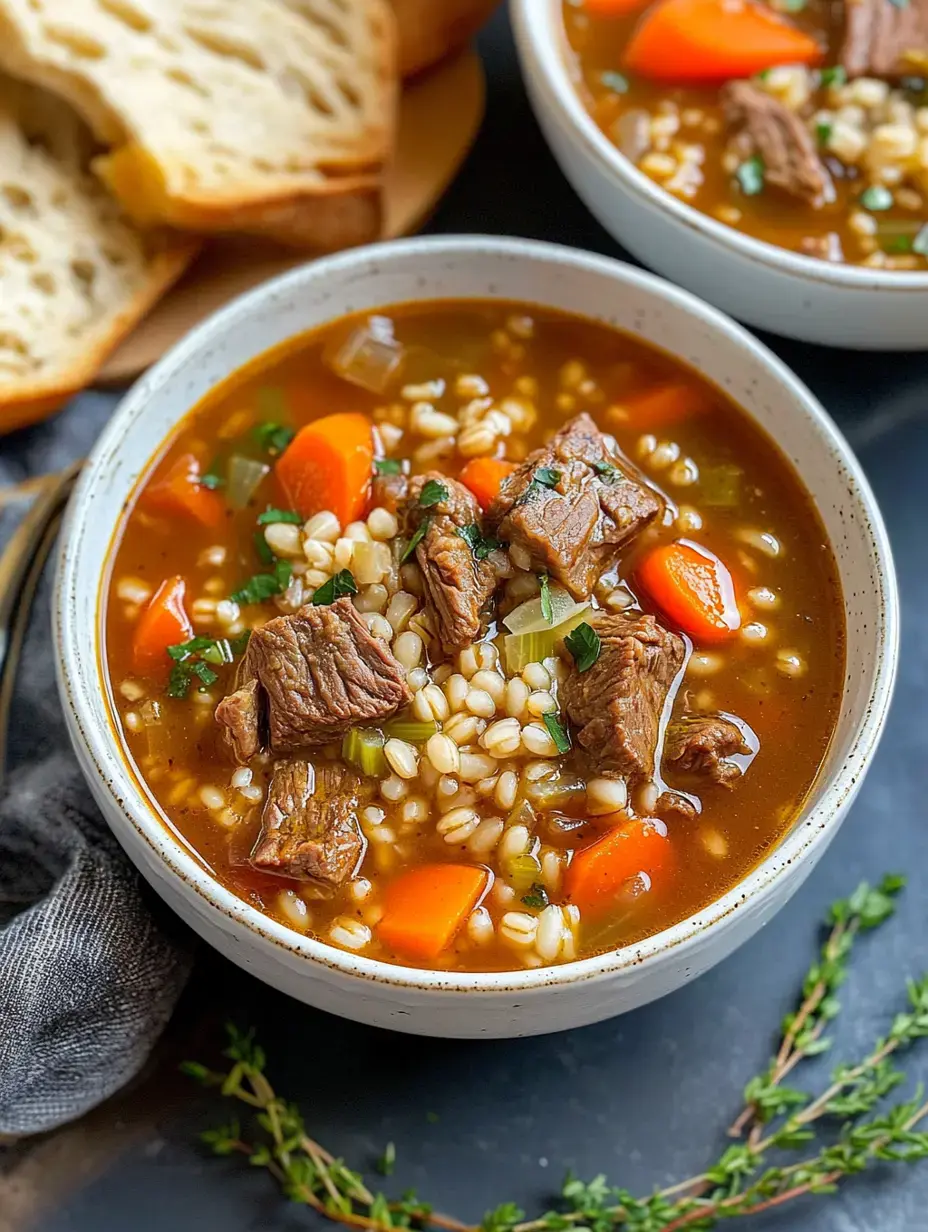 Un bol de soupe copieuse à l'orge et au bœuf rempli de morceaux de bœuf, carottes et orge, accompagné de tranches de pain.