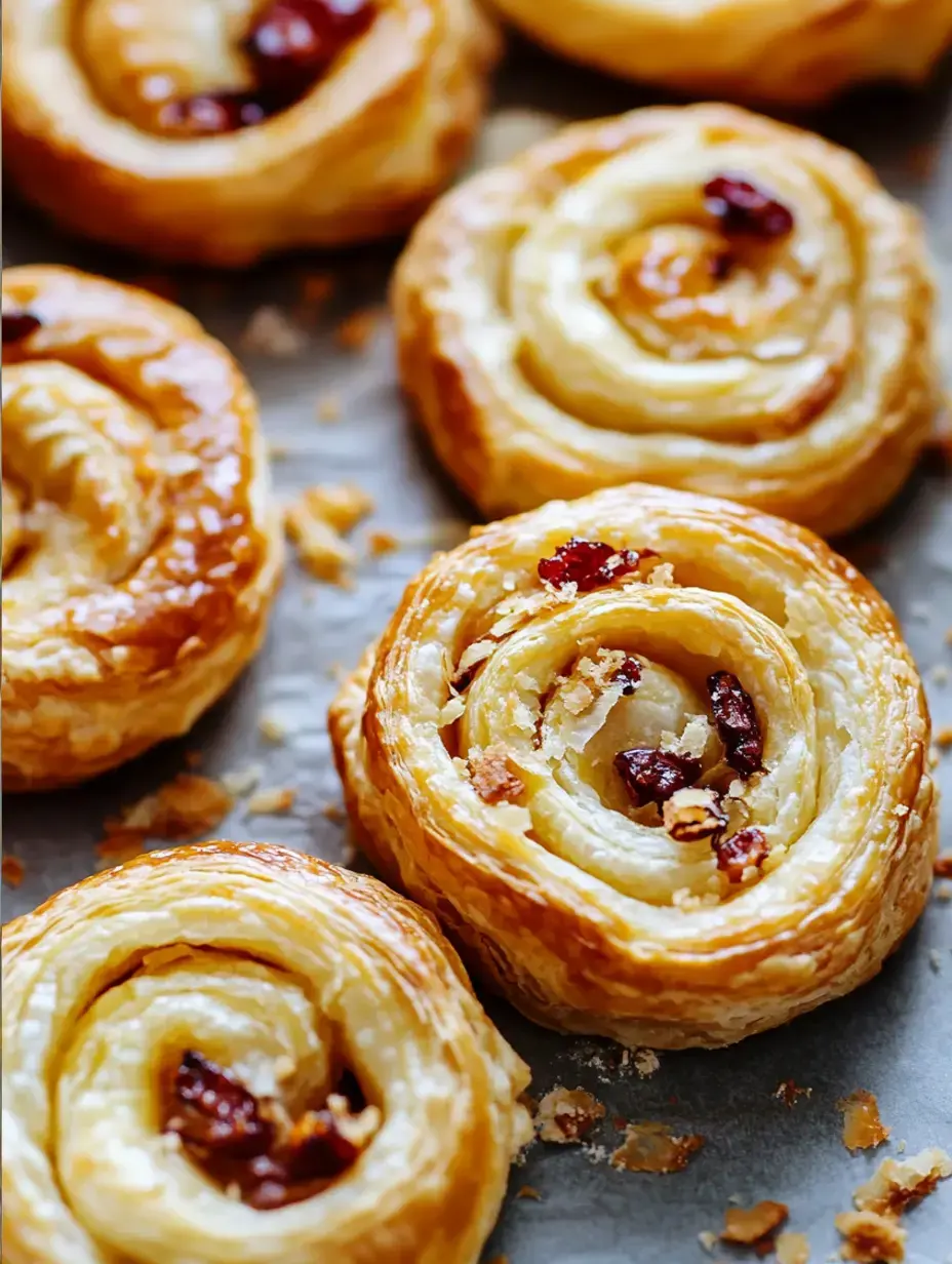 Un gros plan de rouleaux de pâtisserie dorés en spirale farcis de morceaux de fruits rouge foncé, disposés sur une plaque de cuisson.