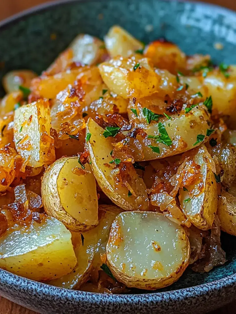 Un gros plan d'un bol rempli de pommes de terre rôties dorées garnies d'herbes hachées.