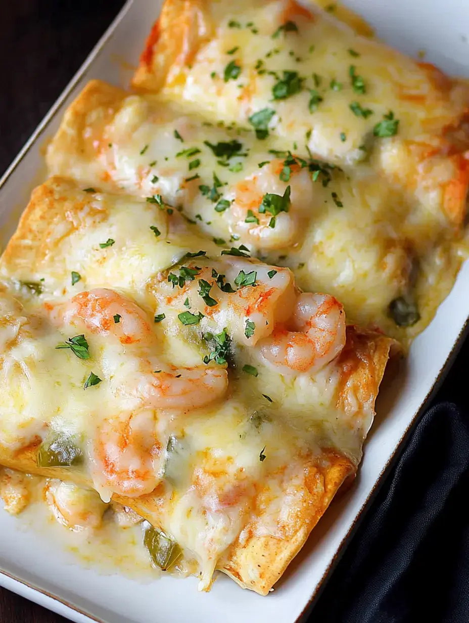 Une assiette d'enchiladas aux crevettes gratinées garnies d'herbes fraîches.