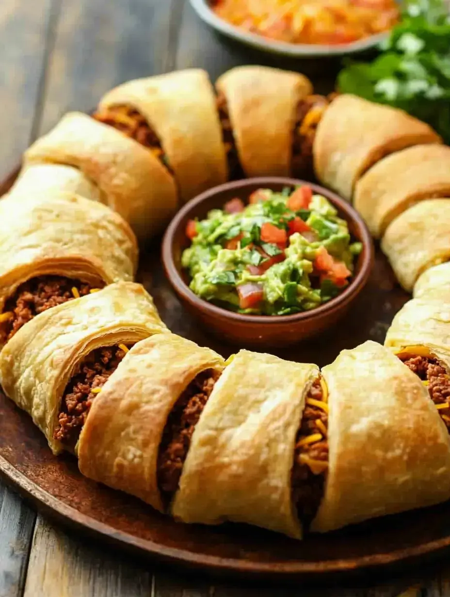 Un plat rond présente des pâtisseries en forme de croissant farcies de viande et fromage, accompagnées d'un bol de guacamole et salsa.