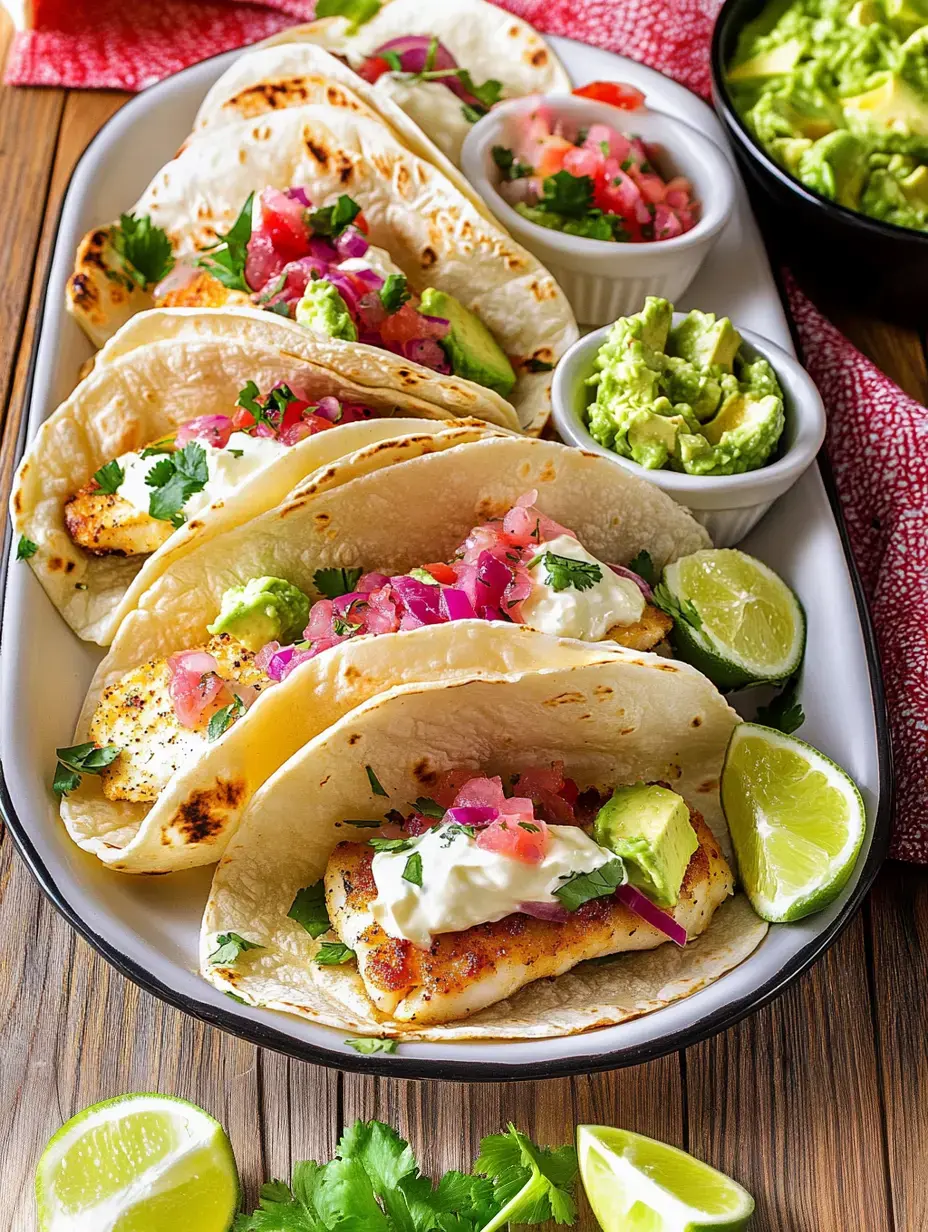 Un plateau de tacos de poisson garnis d'ingrédients frais comme le pico de gallo, l'avocat, la coriandre, et servis avec des quartiers de citron vert et du guacamole.