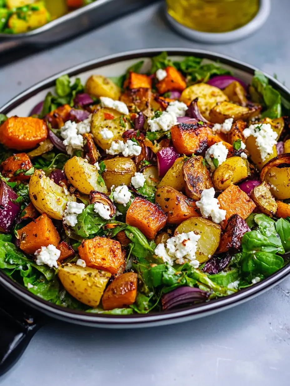 Un gros plan d'un bol de salade rempli de verdures mélangées, garni de pommes de terre rôties, courge butternut, oignons rouges et feta émiettée.