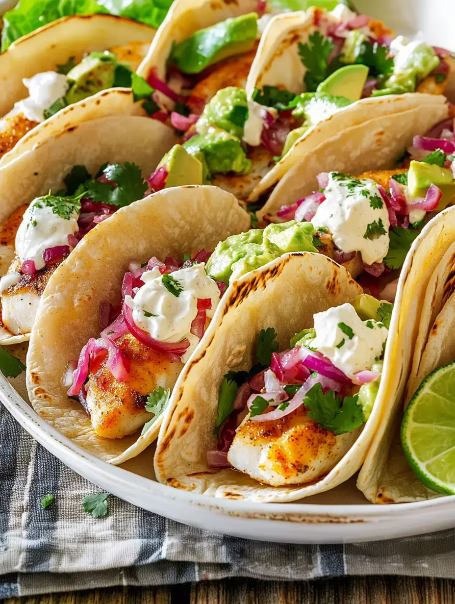 Un gros plan d'une assiette remplie de tacos de poisson garnis d'avocat, de crème sure, de coriandre et d'oignons rouges, accompagnés d'un quartier de citron vert.