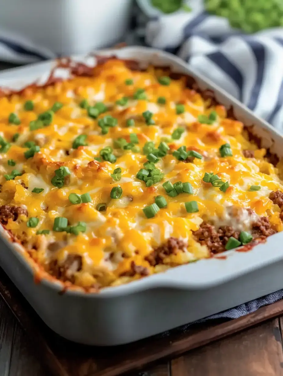 Un plat de casserole cuit garni de fromage cheddar fondu et d'oignons verts.