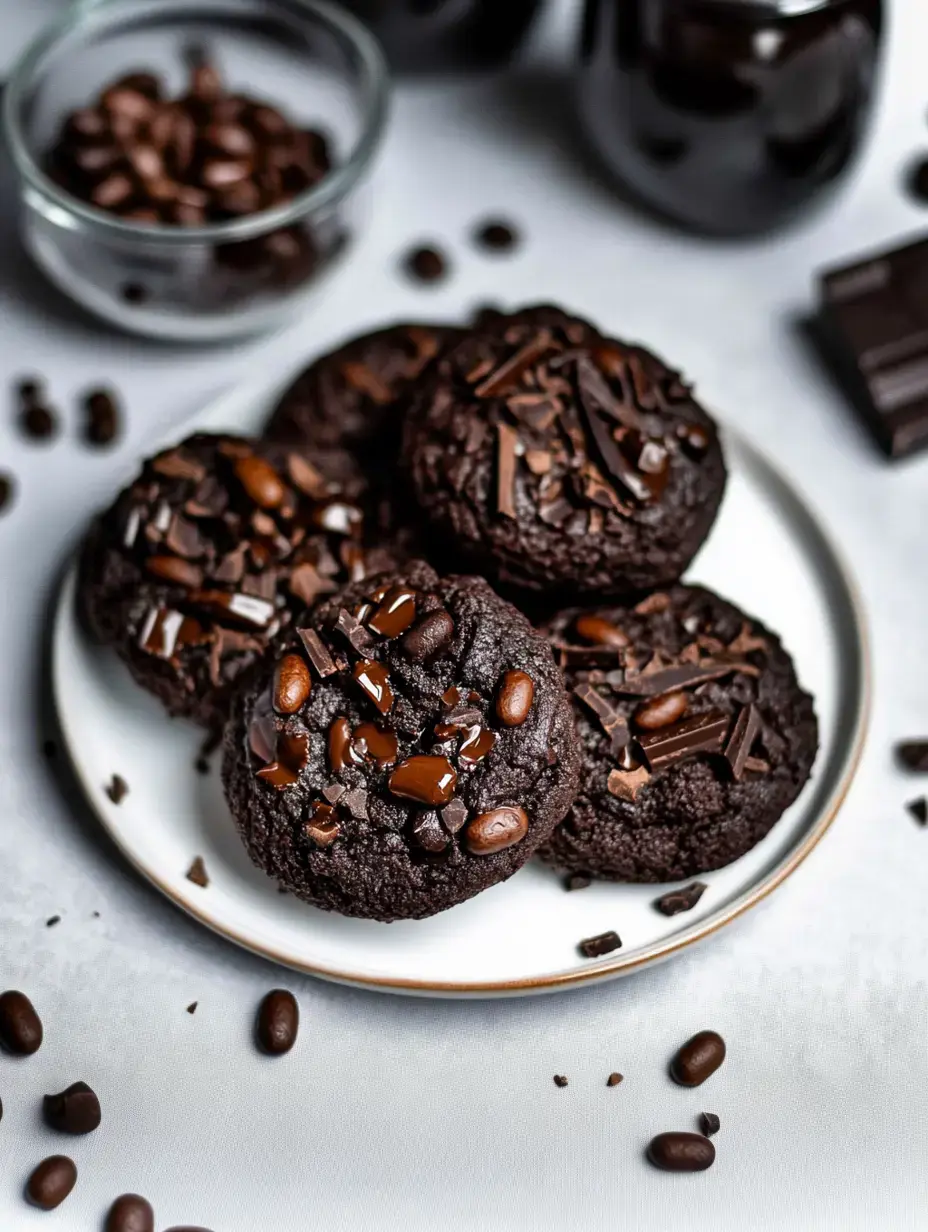 Une assiette de biscuits au chocolat noir garnis de copeaux de chocolat et grains de café, entourés de grains de café éparpillés et morceaux de chocolat.