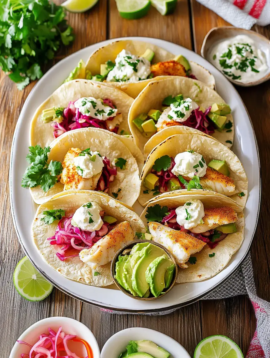 Un plateau de six tacos de poisson garnis de crème, d'oignons rouges marinés et d'avocat, accompagnés de quartiers de citron vert et de garnitures supplémentaires.