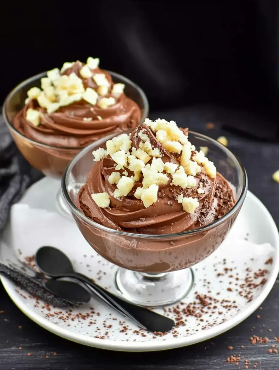 Deux coupes de mousse au chocolat riche garnies de noix hachées présentées sur une assiette blanche avec des cuillères noires à côté.