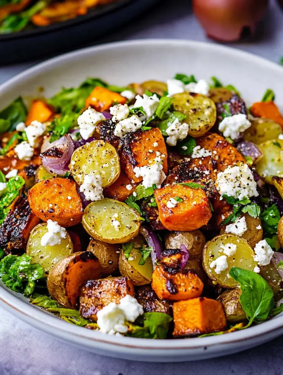 Un bol de légumes rôtis comprenant patates douces, pommes de terre et herbes, garni de fromage émietté.