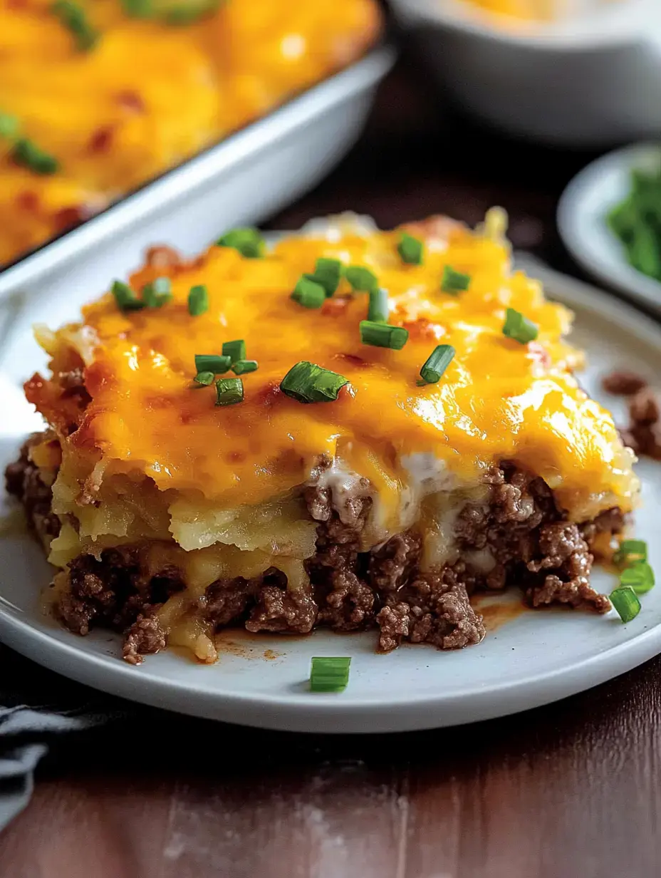 Une part de casserole en couches avec du bœuf haché, une garniture crémeuse et une couche supérieure de fromage fondu, garnie d'oignons verts hachés sur une assiette blanche.
