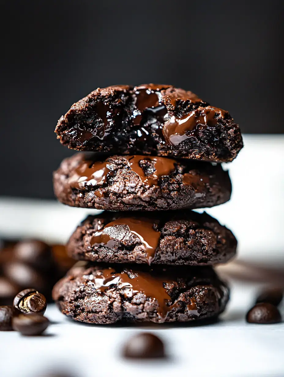 Une pile de trois biscuits au chocolat, avec le biscuit du haut partiellement cassé révélant du chocolat fondu à l'intérieur, entourés de grains de café.