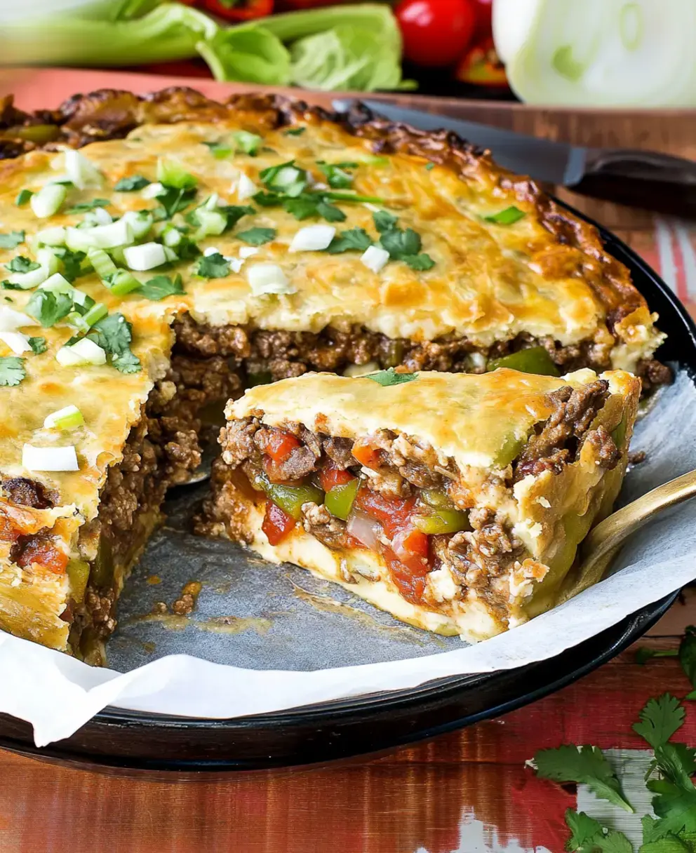 Une part de tarte salée en couches avec du bœuf haché, des tomates et des poivrons verts, garnie d'oignons verts et de coriandre, servie dans un plat rond.