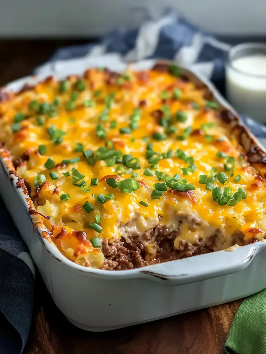 Une casserole au fromage garnie d'oignons verts et présentant des couches de bœuf haché et de pommes de terre est présentée dans un plat de cuisson blanc.