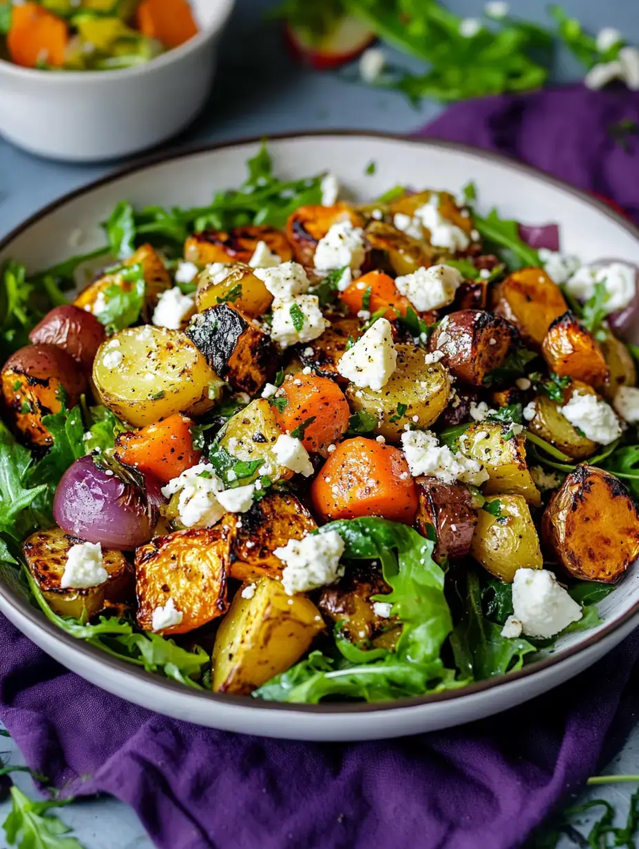 Une salade vibrante avec pommes de terre rôties, carottes et oignons, garnie de feta émiettée et servie sur un lit de roquette, avec un bol de légumes marinés en arrière-plan.